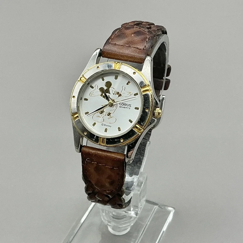 Vintage Lorus Womens Watch White Dial Brown Braided Leather Mickey Mouse Quartz